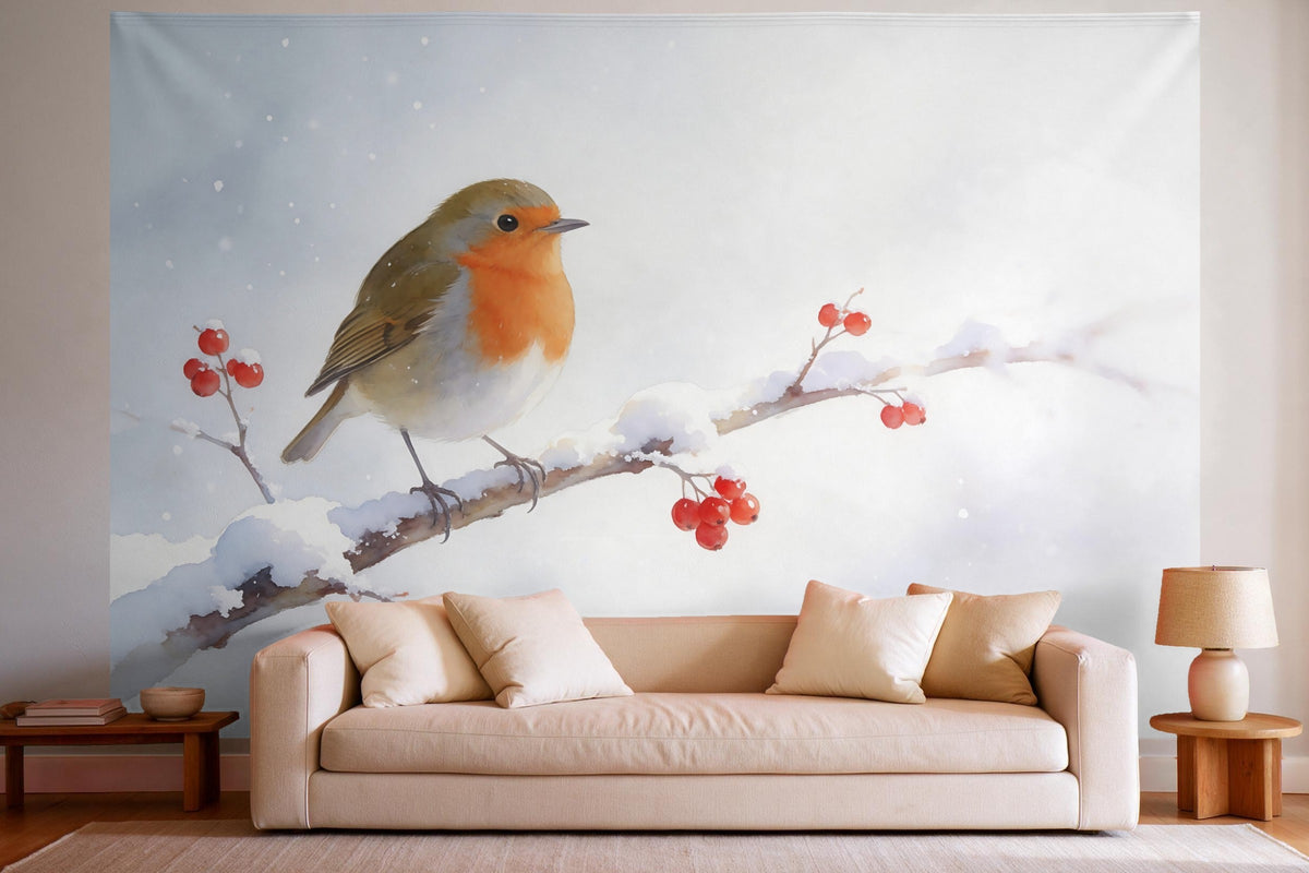 Wandtuch XXL Rotkehlchen auf verschneitem Zweig als Wanddeko im hellen Wohnzimmer über dem Sofa