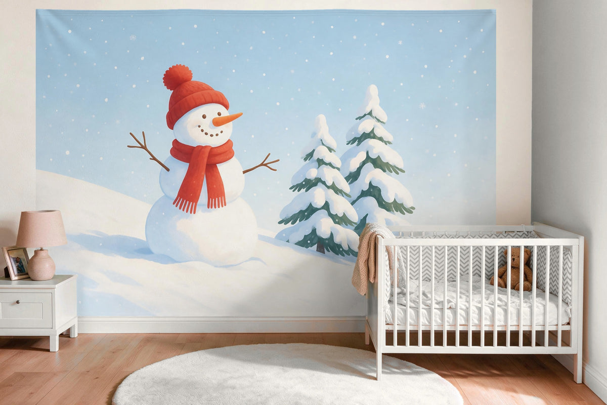XXL wall tapestry Snowman with Red Scarf as wall decor in the nursery above the crib