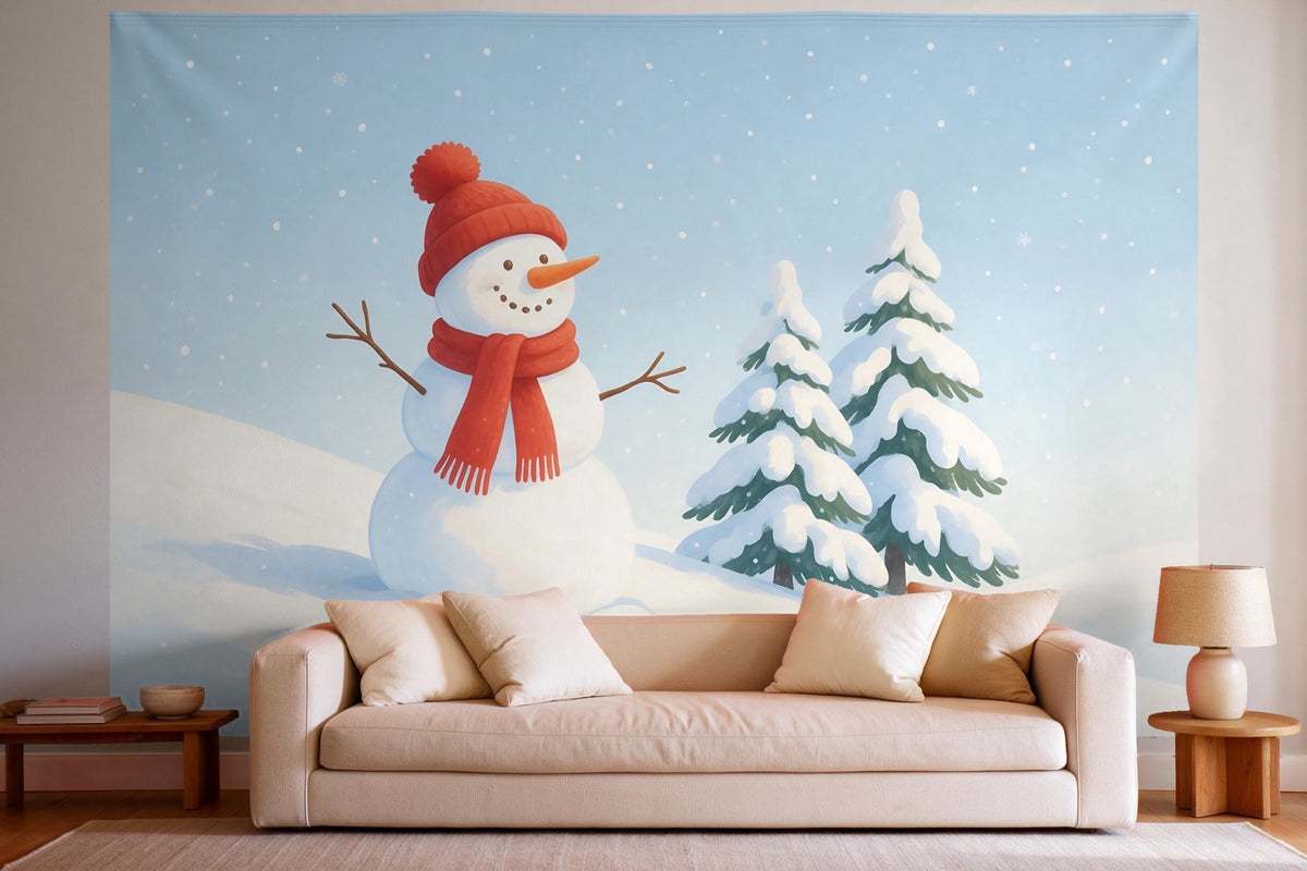 Wall decor in a bright living room above the sofa: printed fabric tapestry Snowman with Red Scarf