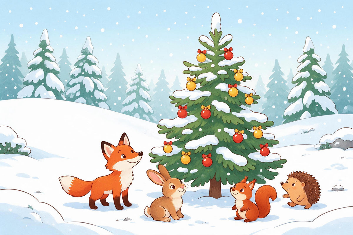 Waldtiere am geschmückten Tannenbaum auf verschneiter Lichtung, als Wandtuch, auf Stoff gedruckt – Grün, Orange und Rot