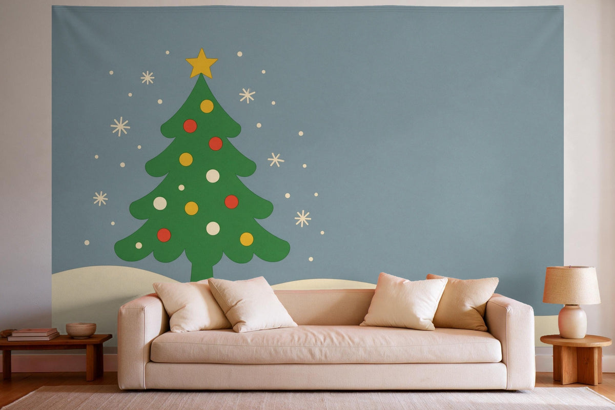 XXL wall tapestry Christmas Tree in the Snow as wall decor in a bright living room above the sofa