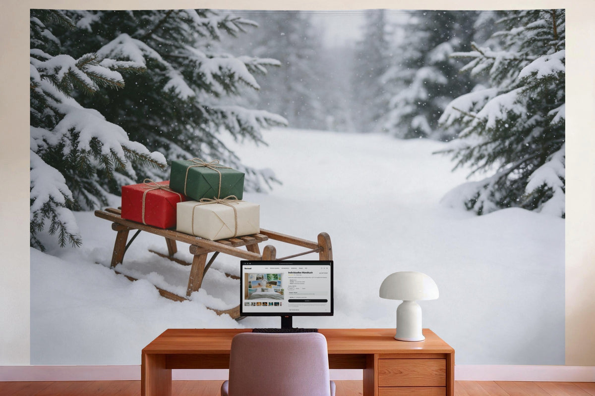 Wanddeko im Büro hinter dem Schreibtisch: Wandtuch Weihnachtsschlitten im Schneewald, auf Stoff gedruckt