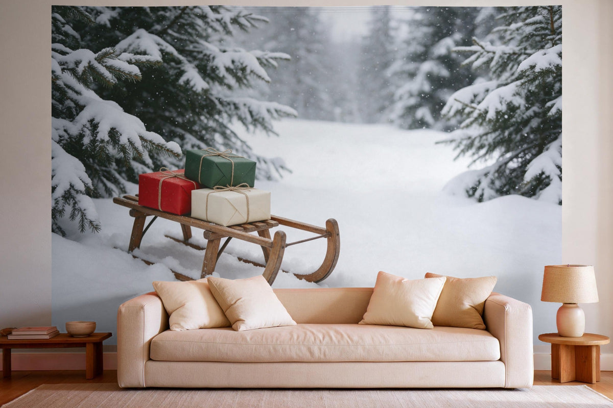 Wandtuch XXL Weihnachtsschlitten im Schneewald als Wanddeko im hellen Wohnzimmer über dem Sofa