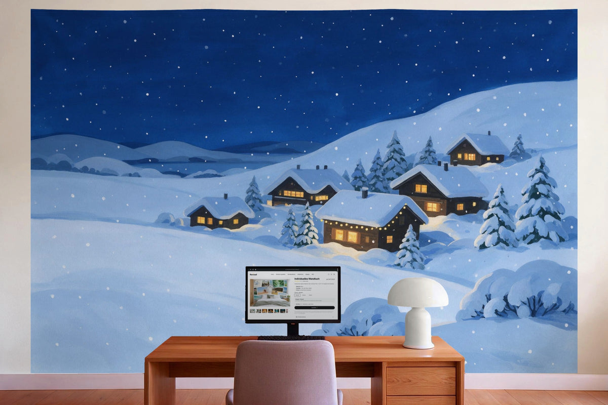 Wanddeko im Büro hinter dem Schreibtisch: Wandtuch Winterdorf mit Lichterfenstern, auf Stoff gedruckt