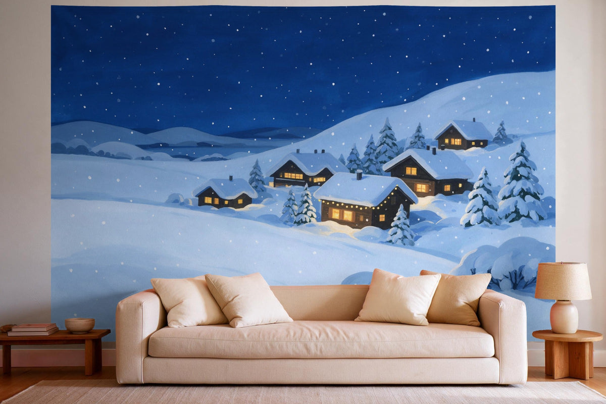 XXL wall tapestry Winter Village with Lit Windows as wall decor in a bright living room above the sofa
