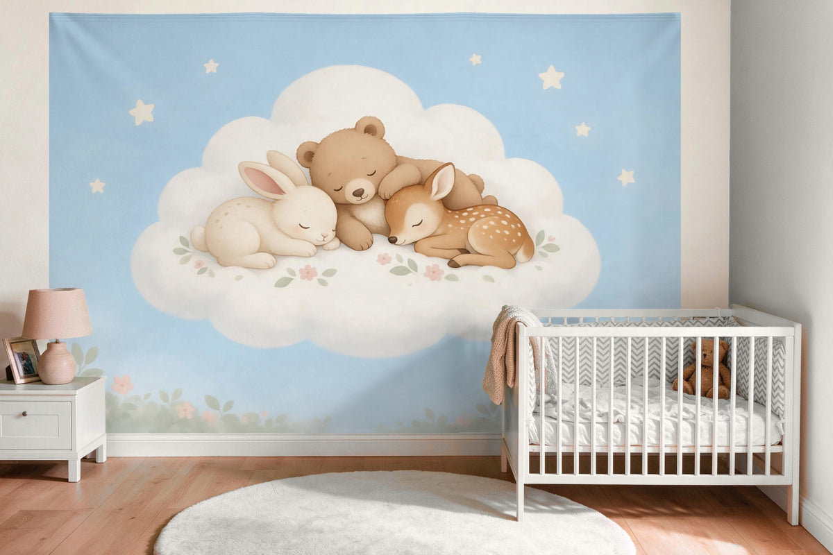 Wandtuch XXL mit den schlafenden Tierbabys auf der Wolke als Wanddeko im Babyzimmer über dem Babybett