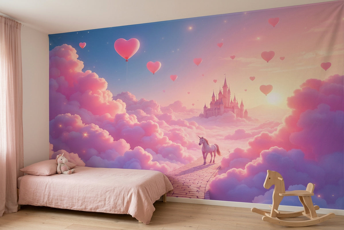 Tapiz Unicornio en un cuarto de niña sobre la cama rosa, junto a un caballito balancín de madera – castillo y corazones