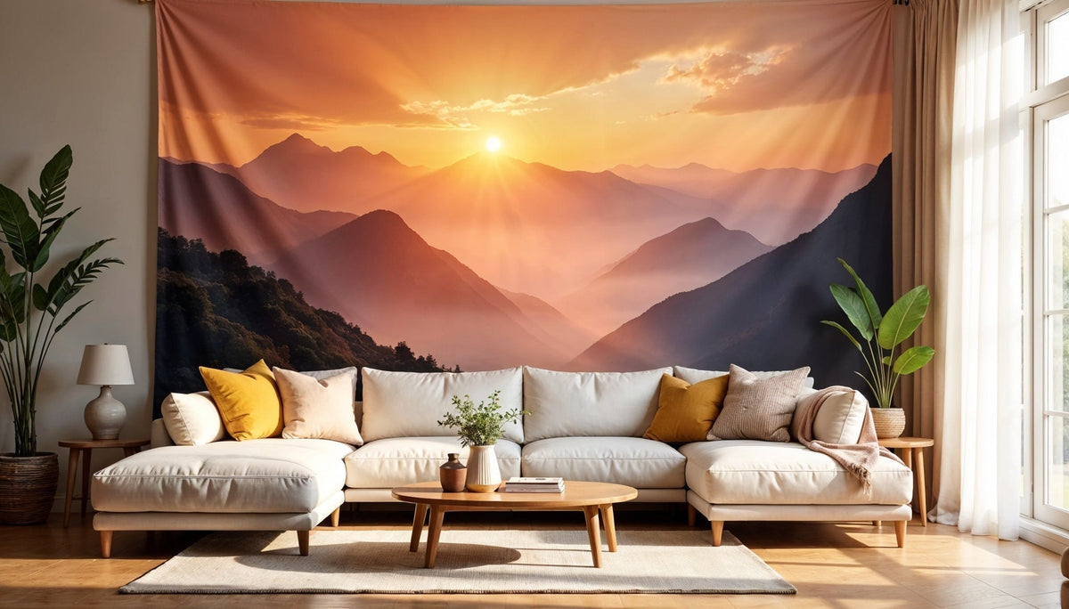 Wandtuch Bergpanorama in der Abendsonne im Wohnzimmer über dem Sofa mit gelben Kissen – warme Orangetöne