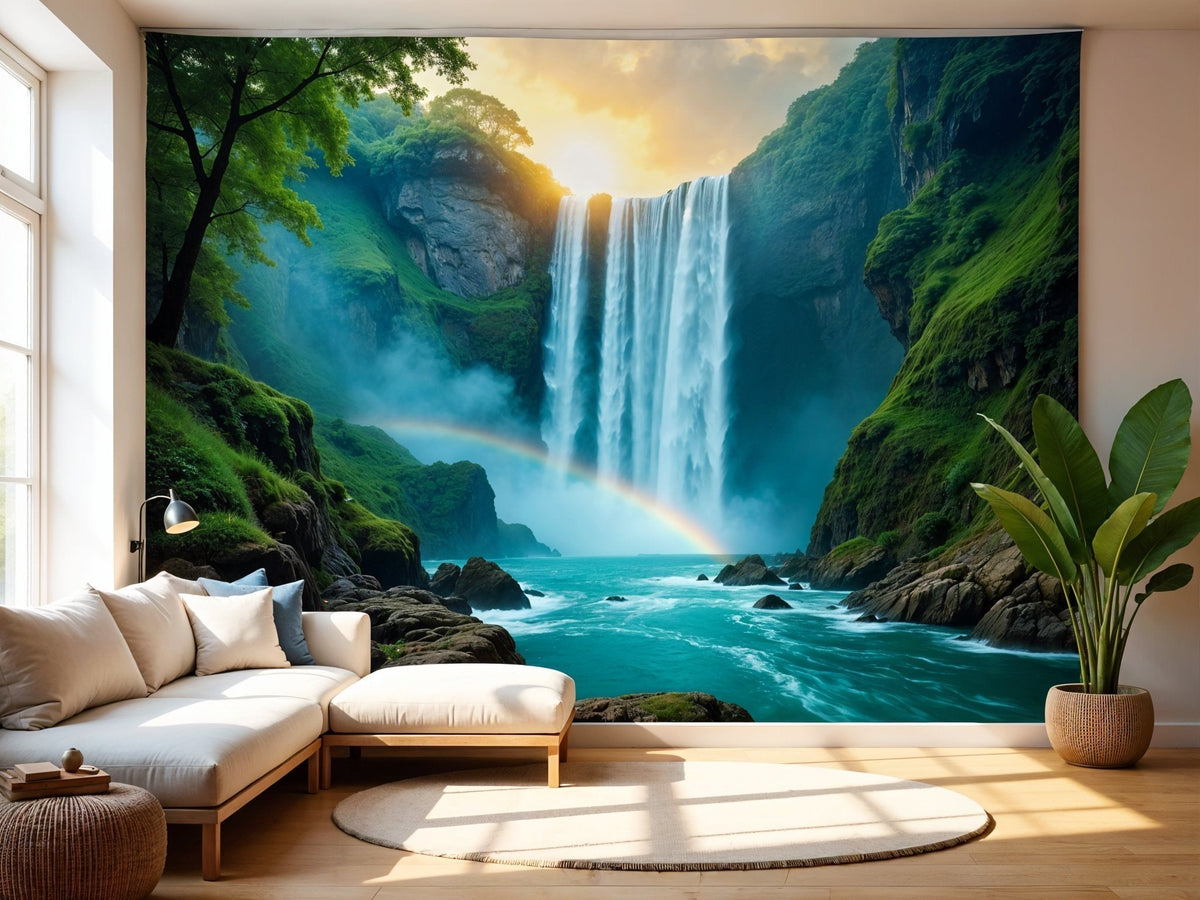 Wandtuch Wasserfall im Regenwald im hellen Wohnzimmer über dem Ecksofa mit Kissen – leuchtendes Türkis und Grün