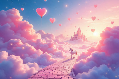 Unicornio en un camino de nubes rosa con castillo y globos de corazón como tapiz impreso en tela – tonos rosa y lila suaves