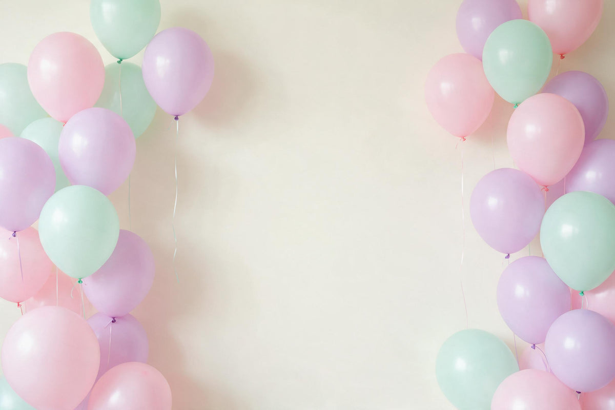 Nube de globos rosas, verde menta y lila a la izquierda y a la derecha, tapiz impreso en tela – pastel