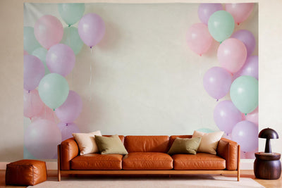 Wall decor in a cosy living room above the leather sofa: printed fabric tapestry Pastel Balloon Cloud