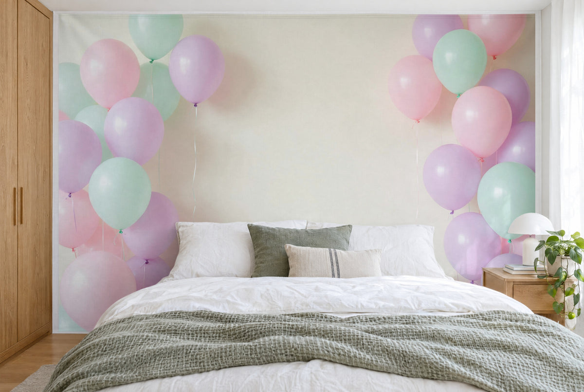 Tapiz de pared grande Nube de globos pastel en el dormitorio, cubriendo la pared detrás de la cama – tela impresa