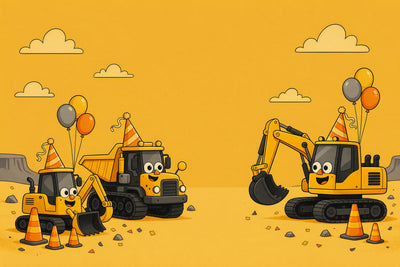 Bagger und Kipplaster mit Partyhütchen und Ballonen auf gelber Baustelle, als Wandtuch, auf Stoff gedruckt – Gelb und Orange