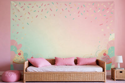 Wanddeko im Mädchenzimmer: Wandtuch Cupcakes und Streusel, auf Stoff gedruckt