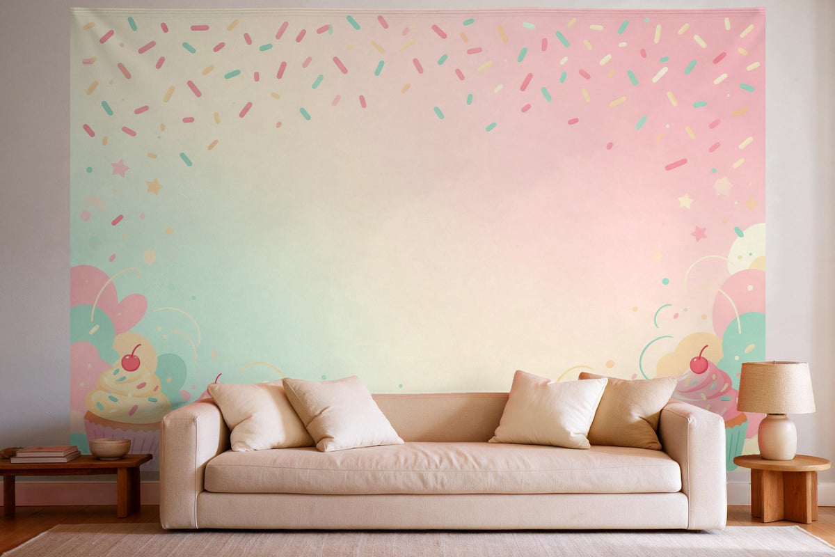Tapiz de pared XXL Cupcakes y fideos de colores como decoración en un salón luminoso sobre el sofá