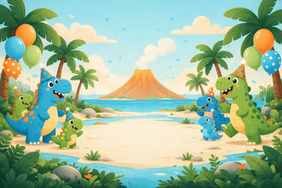 Amigos dino con gorritos de fiesta entre palmeras y globos, volcán junto al mar, tapiz impreso en tela – verde y naranja