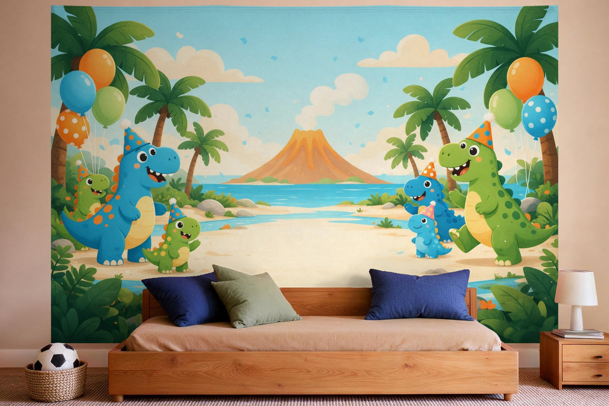 Tapiz de pared XXL Cumpleaños dino en el valle del volcán como decoración en un dormitorio de niño