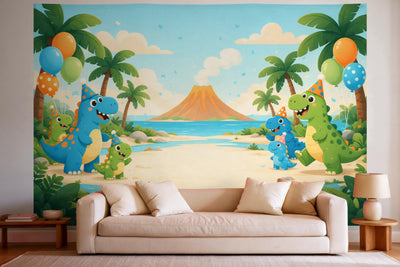 Decoración de pared en un salón luminoso sobre el sofá: tapiz de tela Cumpleaños dino en el valle del volcán