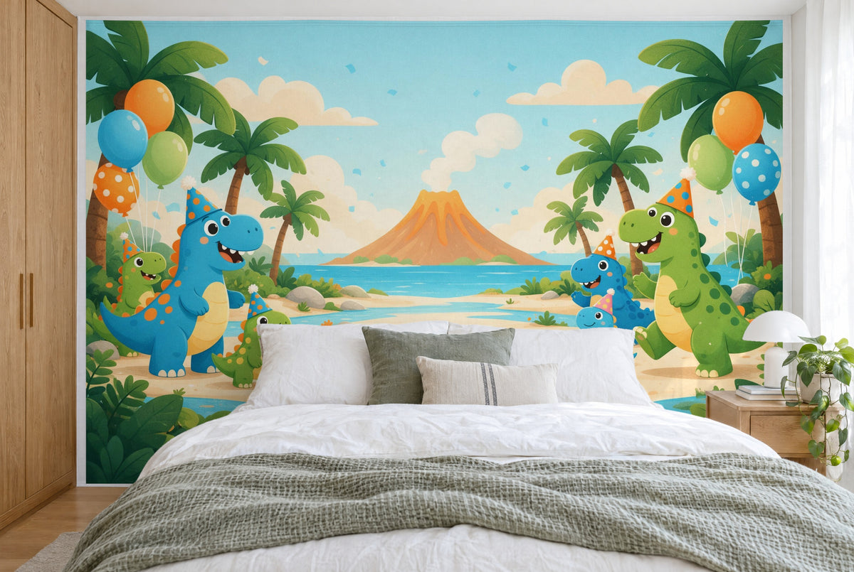Tapiz de pared grande Cumpleaños dino en el valle del volcán en el dormitorio, cubriendo la pared detrás de la cama – tela impresa