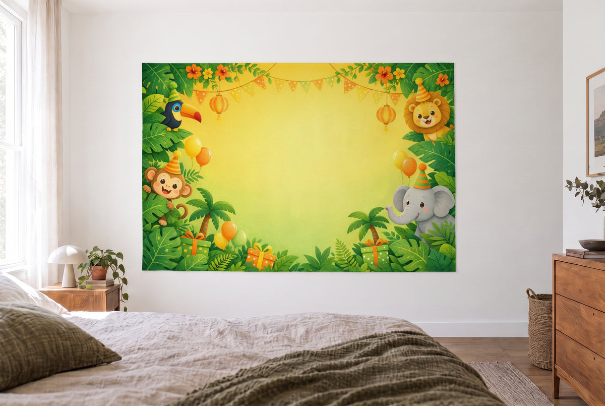 Jungle birthday with animals tapestry in a bright bedroom opposite the bed, wooden dresser on the right – yellow and green