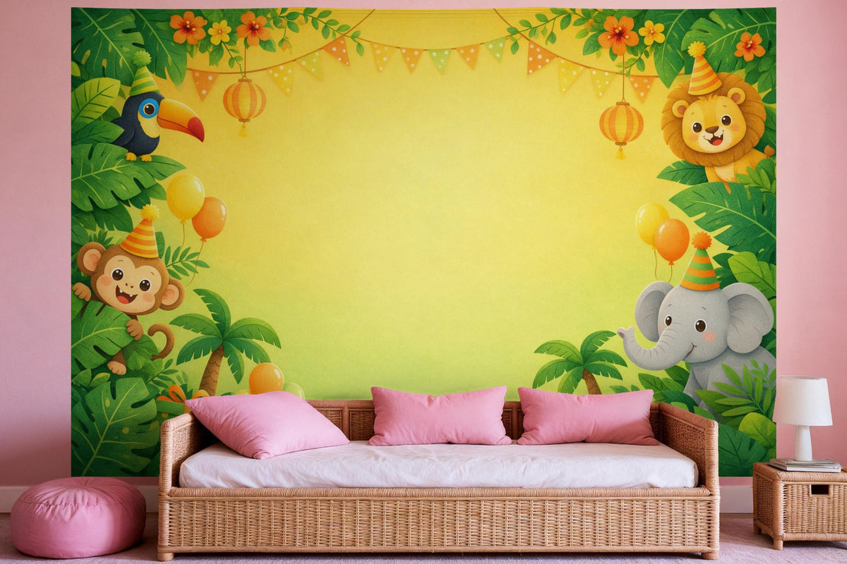 Decoración de pared en un dormitorio de niña: tapiz de tela Cumpleaños en la selva con animales