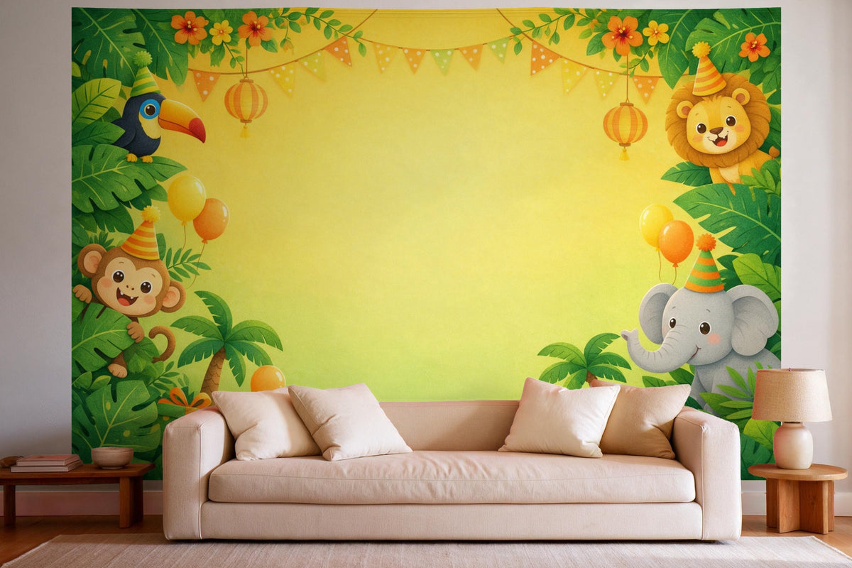 Tapiz de pared XXL Cumpleaños en la selva con animales como decoración en un salón luminoso sobre el sofá