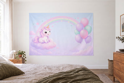 Unicorn birthday tapestry in a bright bedroom opposite the bed, wooden dresser on the right – pink and lilac