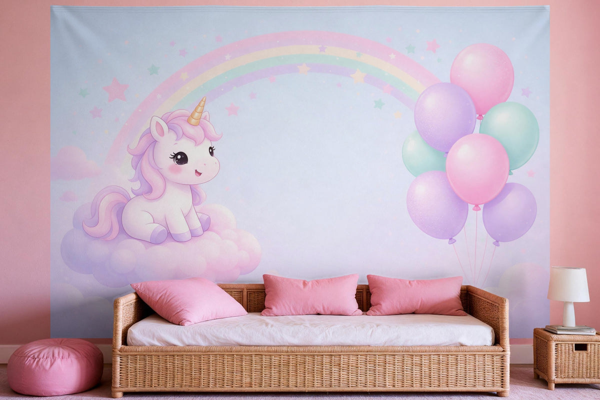 Tapiz de pared XXL Cumpleaños de unicornio en el país de las nubes como decoración en un dormitorio de niña
