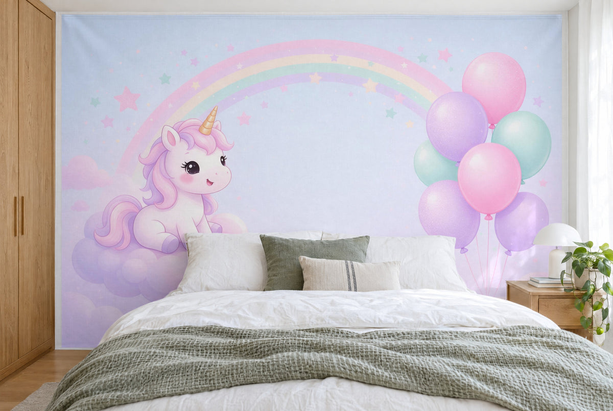Tapiz de pared grande Cumpleaños de unicornio en el país de las nubes en el dormitorio, cubriendo la pared detrás de la cama – tela impresa