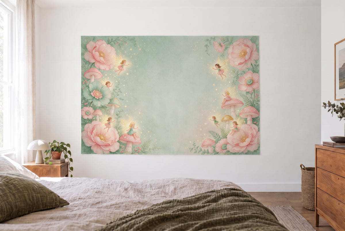 Wandtuch Feen-Geburtstag im Blütenwald im hellen Schlafzimmer gegenüber dem Bett, rechts eine Holzkommode – Rosa und Gold
