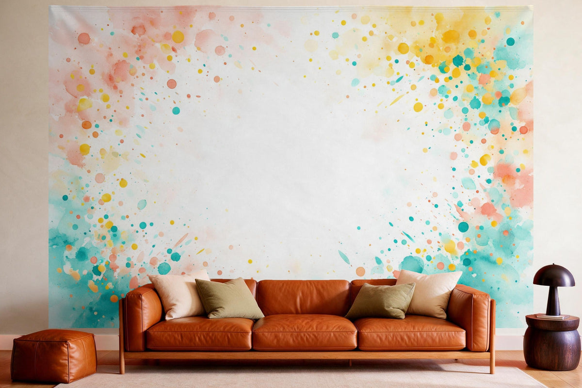 Decoración de pared en un salón acogedor sobre el sofá de cuero: tapiz de tela Fuegos artificiales de confeti en acuarela