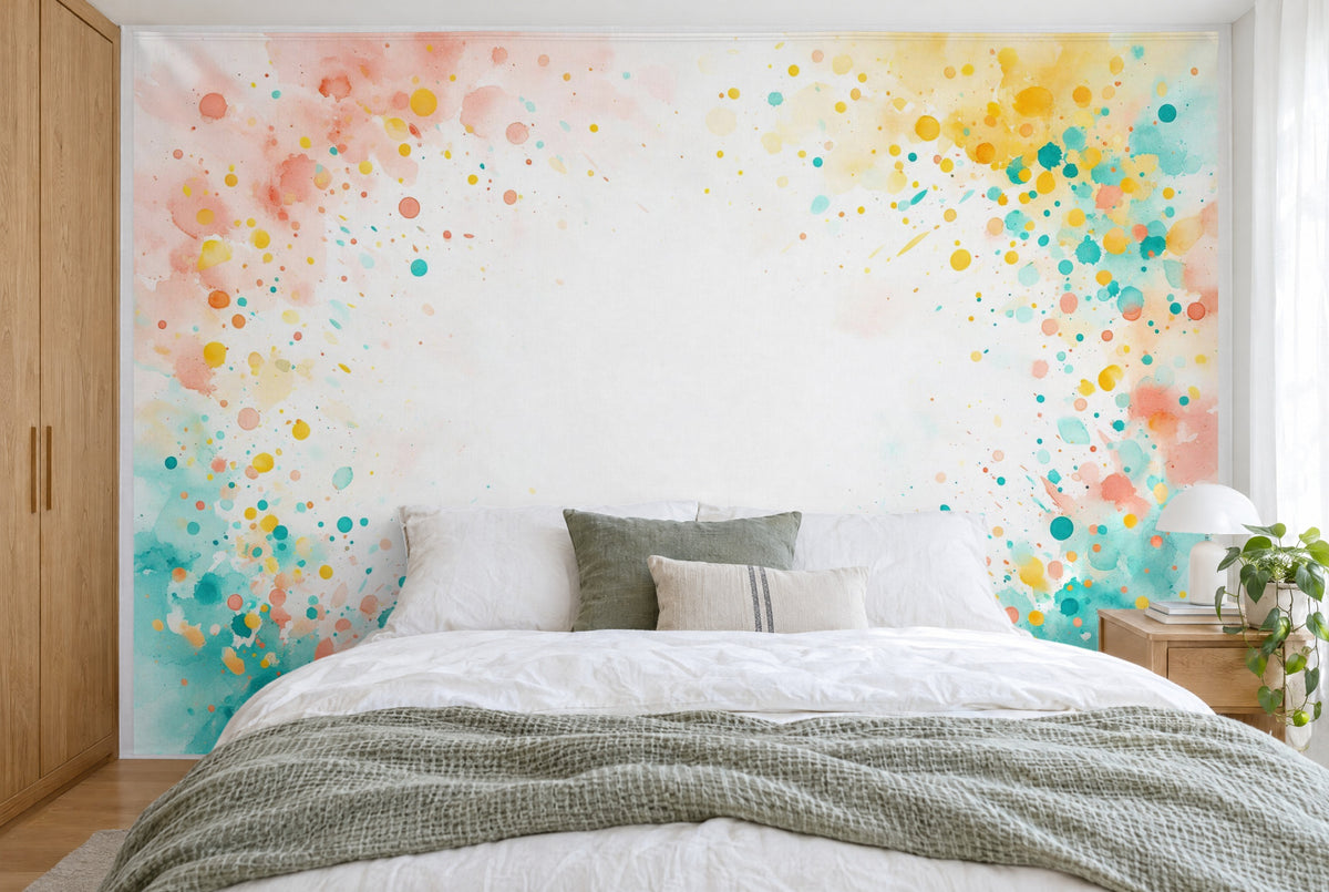 Tapiz de pared grande Fuegos artificiales de confeti en acuarela en el dormitorio, cubriendo la pared detrás de la cama – tela impresa