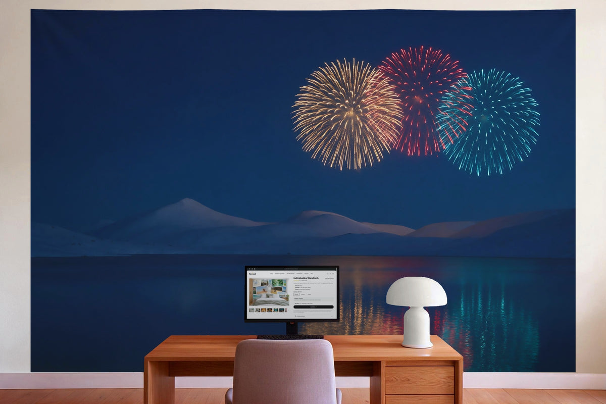 Decoración de pared en la oficina detrás del escritorio: tapiz de tela Fuegos artificiales sobre el lago de montaña