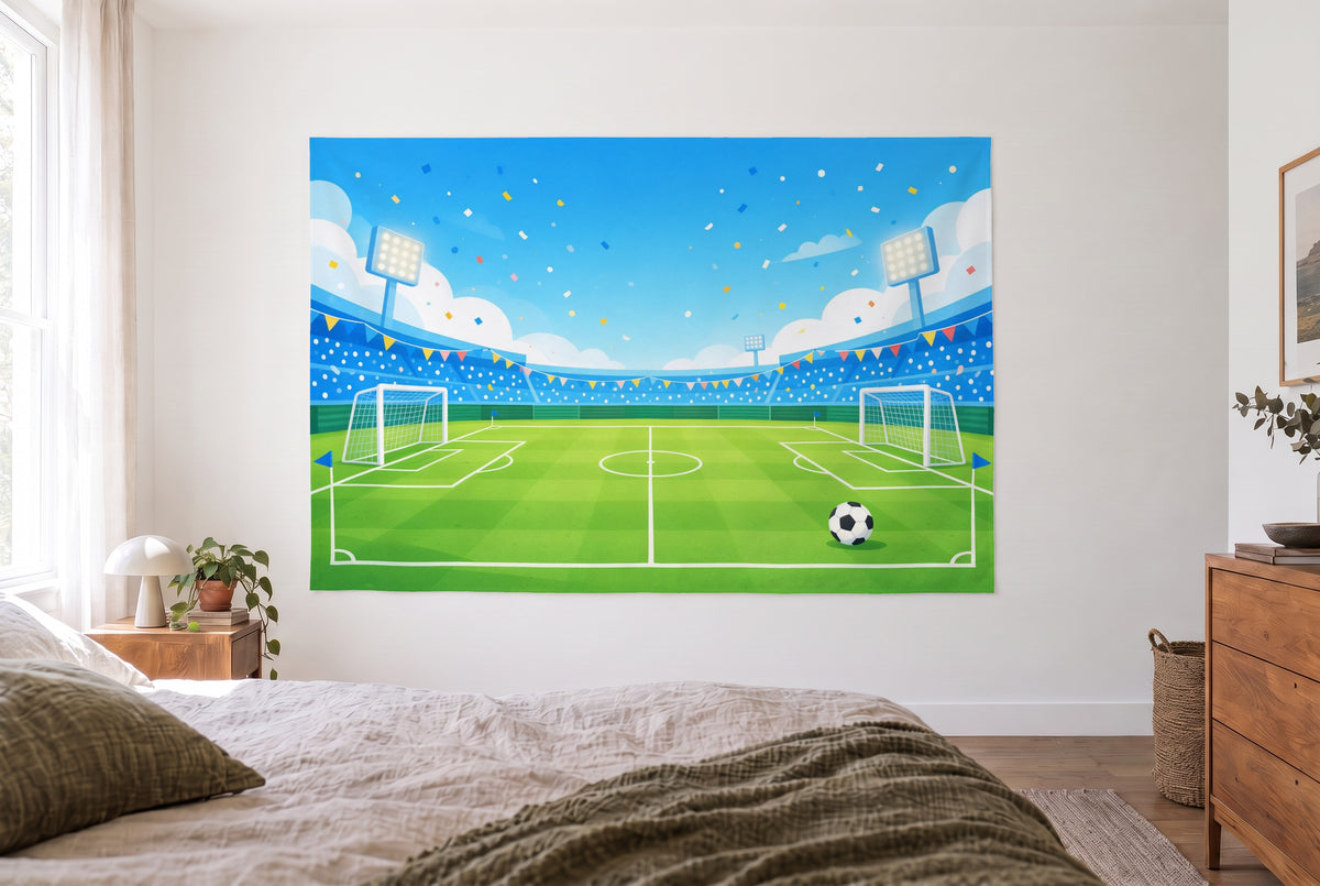 Football birthday stadium tapestry in a bright bedroom opposite the bed, wooden dresser on the right – green and blue