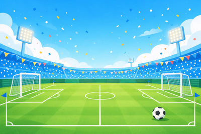 Football stadium with two goals, floodlights, confetti and colourful bunting, tapestry printed on fabric – green and blue