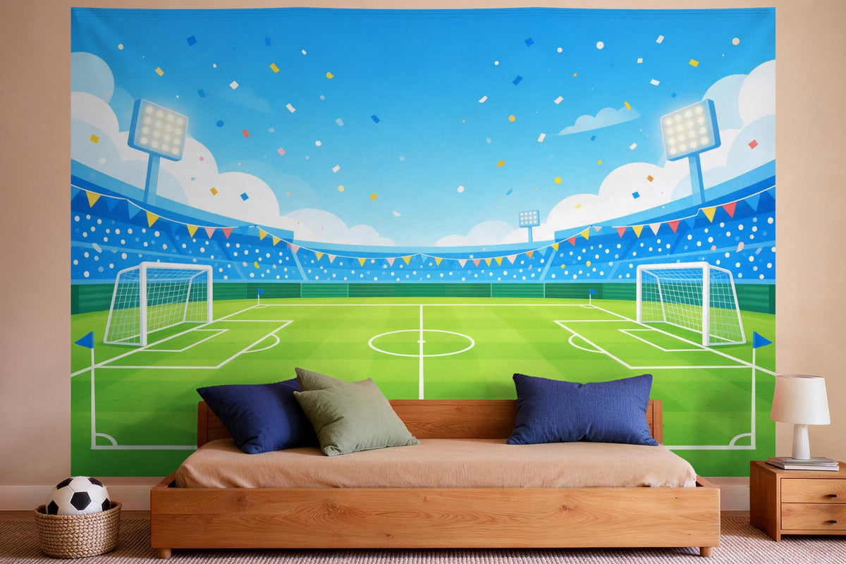 XXL wall tapestry Football Birthday at the Stadium as wall decor in a boys' bedroom