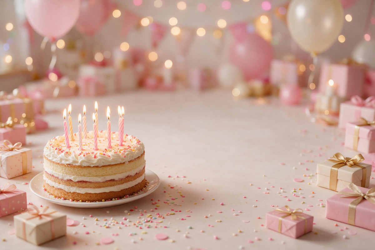 Birthday cake with nine lit candles at the bottom left among gifts, tapestry printed on fabric – pink and gold