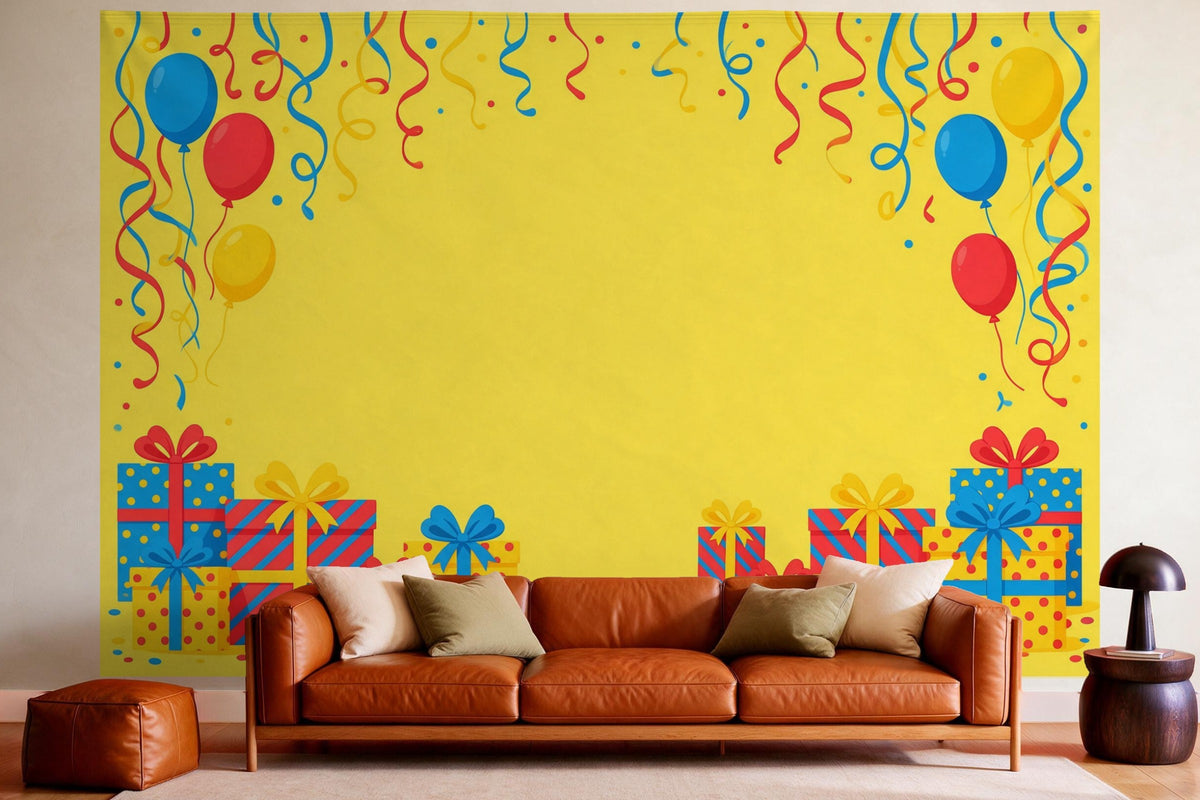 Decoración de pared en un salón acogedor sobre el sofá de cuero: tapiz de tela Regalos y serpentinas de cumpleaños