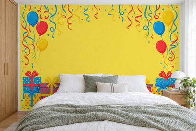 Tapiz de pared grande Regalos y serpentinas de cumpleaños en el dormitorio, cubriendo la pared detrás de la cama – tela impresa