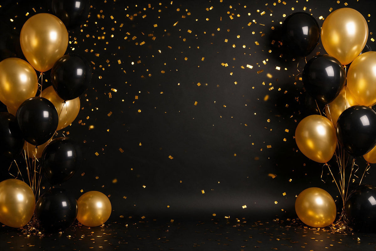 Globos dorados y negros en los bordes izquierdo y derecho, confeti entre ellos, tapiz impreso en tela – dorado