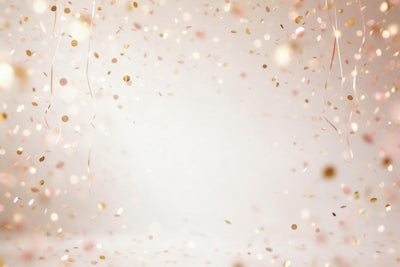 Confetti rain of small gold and pink discs with fine streamers, tapestry printed on fabric – gold and pink