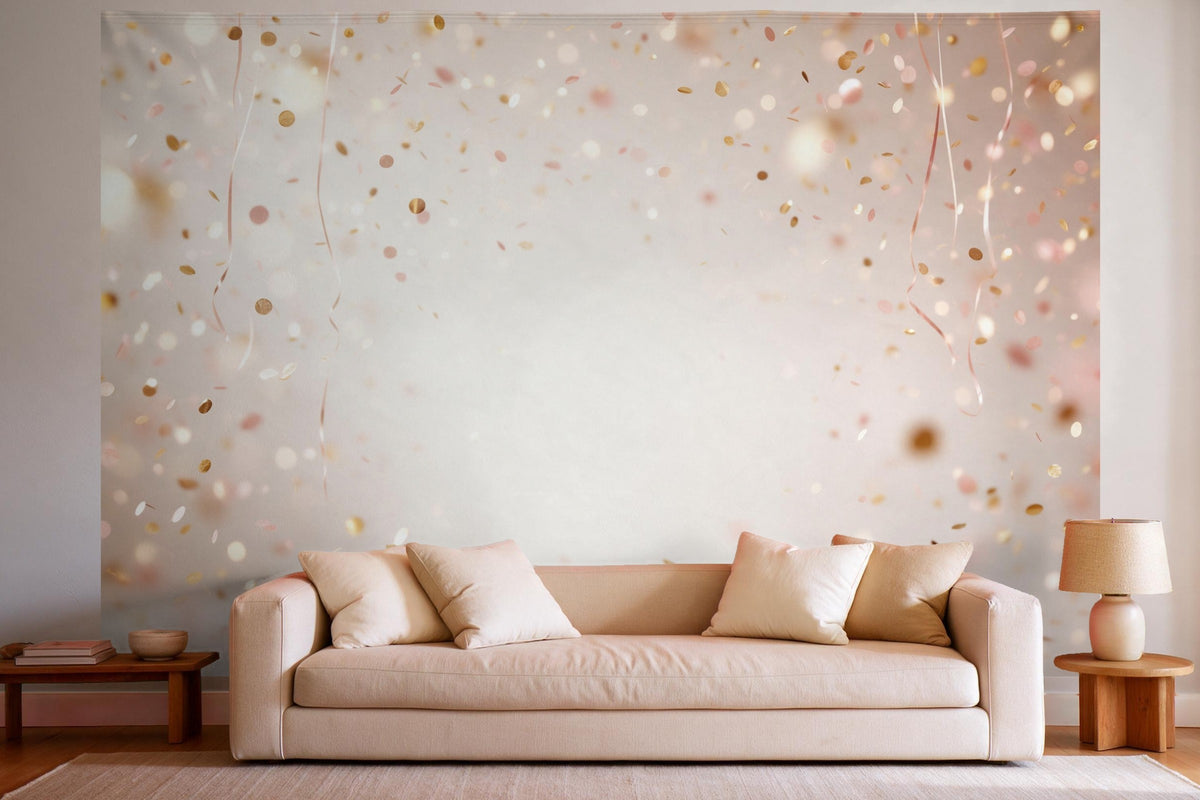 XXL wall tapestry Gold Confetti Rain as wall decor in a bright living room above the sofa