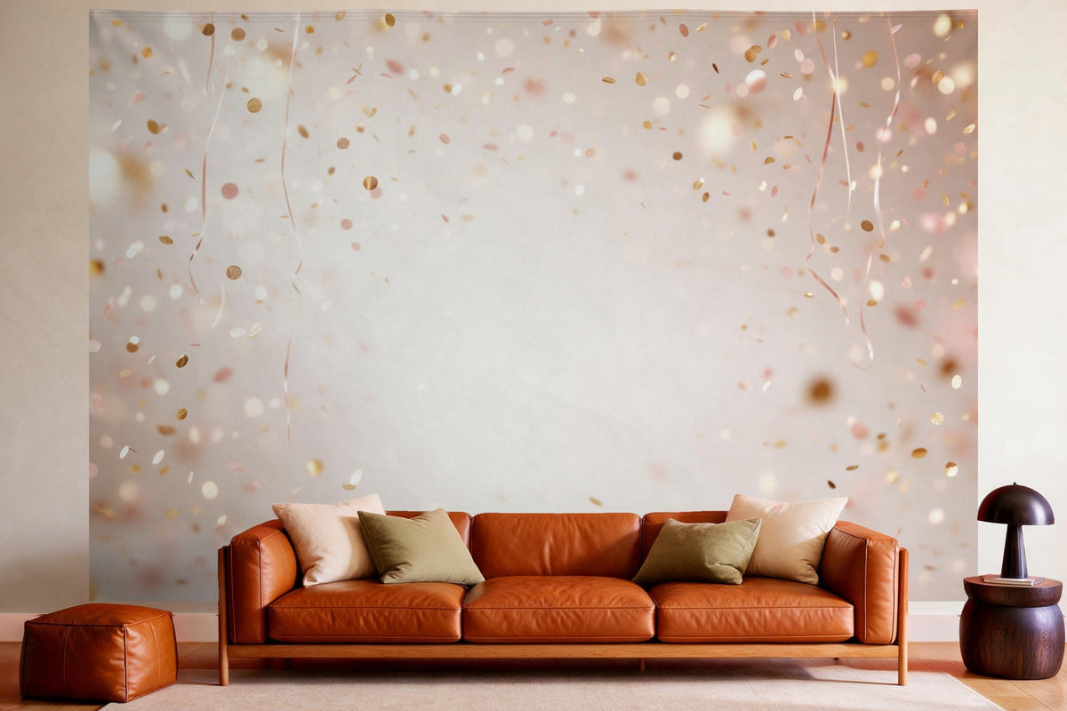 Wall decor in a cosy living room above the leather sofa: printed fabric tapestry Gold Confetti Rain