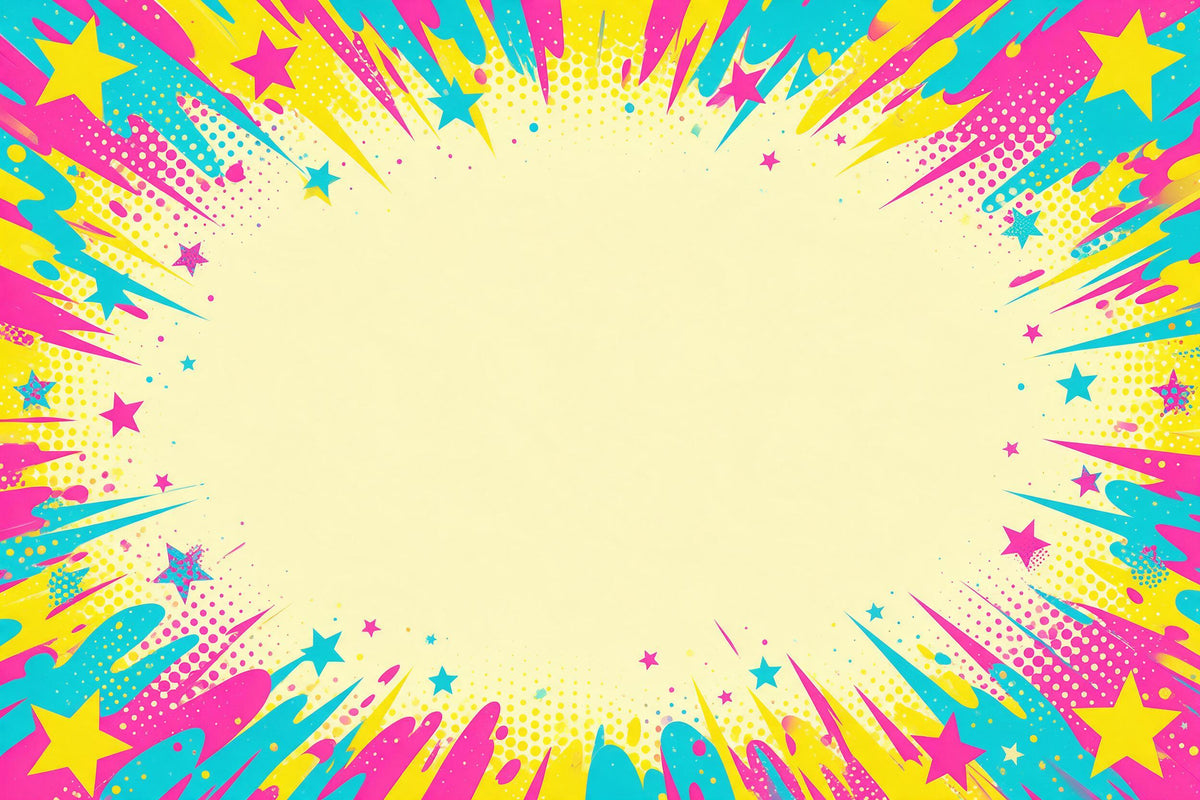 Pop-Art-Rasterpunkte, Sterne und Zacken in Gelb, Rosa und Türkis um eine helle Party-Mitte, als Wandtuch, auf Stoff gedruckt