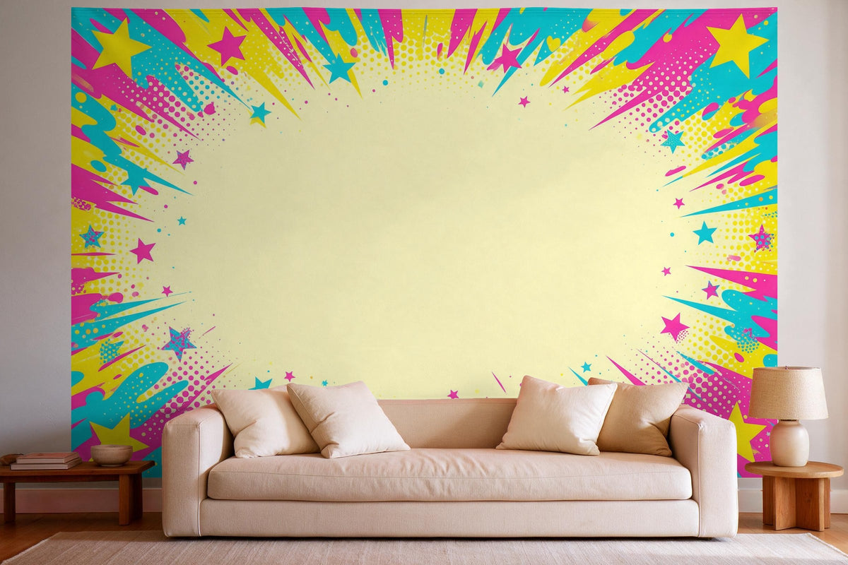 Wandtuch XXL Kunterbunte Party-Punkte im Pop-Art-Stil als Wanddeko im hellen Wohnzimmer über dem Sofa