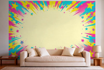 XXL wall tapestry Colourful Party Dots in Pop Art Style as wall decor in a bright living room above the sofa