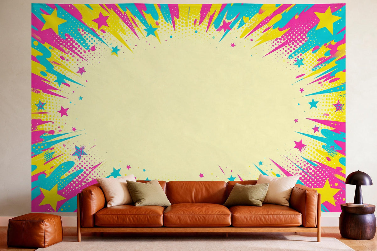 Wanddeko im gemütlichen Wohnzimmer über dem Ledersofa: Wandtuch Kunterbunte Party-Punkte im Pop-Art-Stil, auf Stoff gedruckt