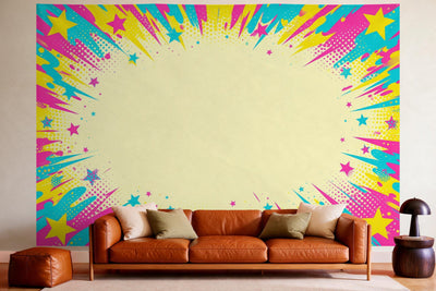 Wall decor in a cosy living room above the leather sofa: printed fabric tapestry Colourful Party Dots in Pop Art Style