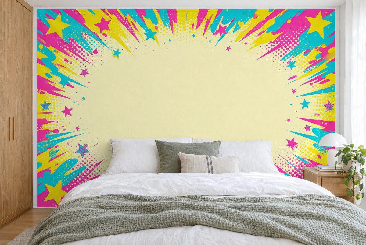 Grosses Wandtuch Kunterbunte Party-Punkte im Pop-Art-Stil im Schlafzimmer wandfüllend hinter dem Bett – Wandbehang aus Stoff